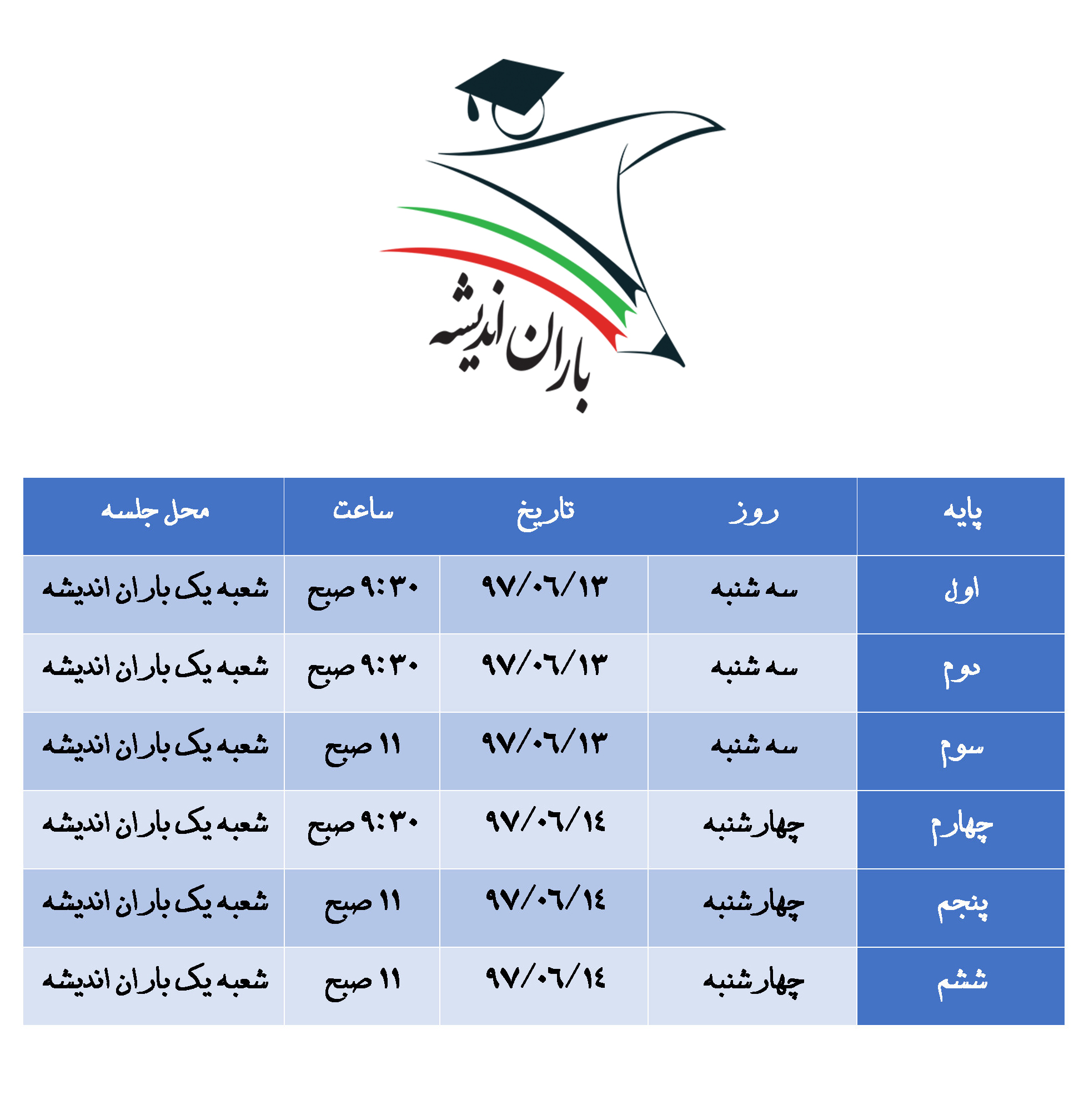 برنامه زمانبندی جلسات اولیای محترم دبستان باران اندیشه با معلم مربوطه